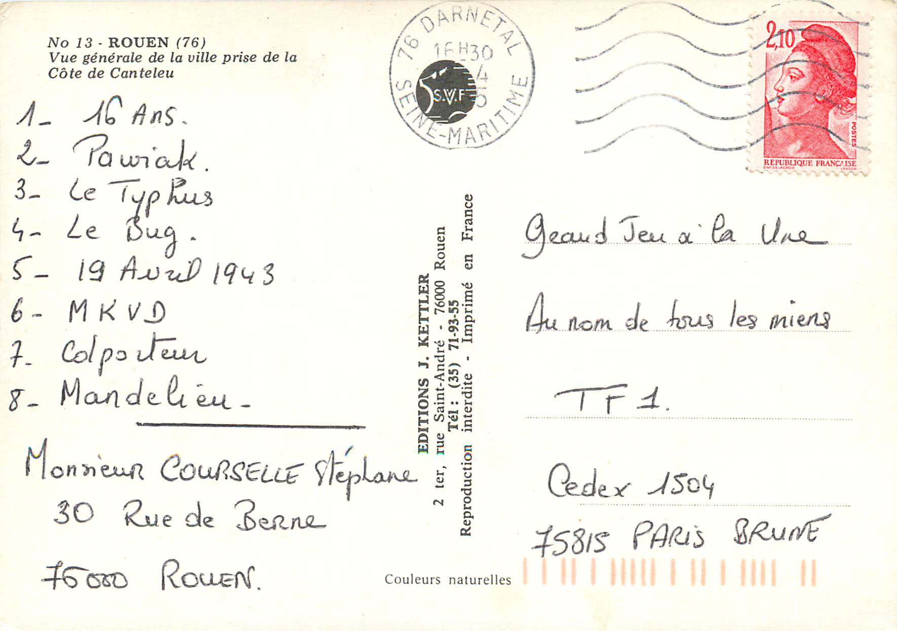 CPM Rouen Vue generale de la ville prise de la Cote de Canteleu Bateaux — Verso