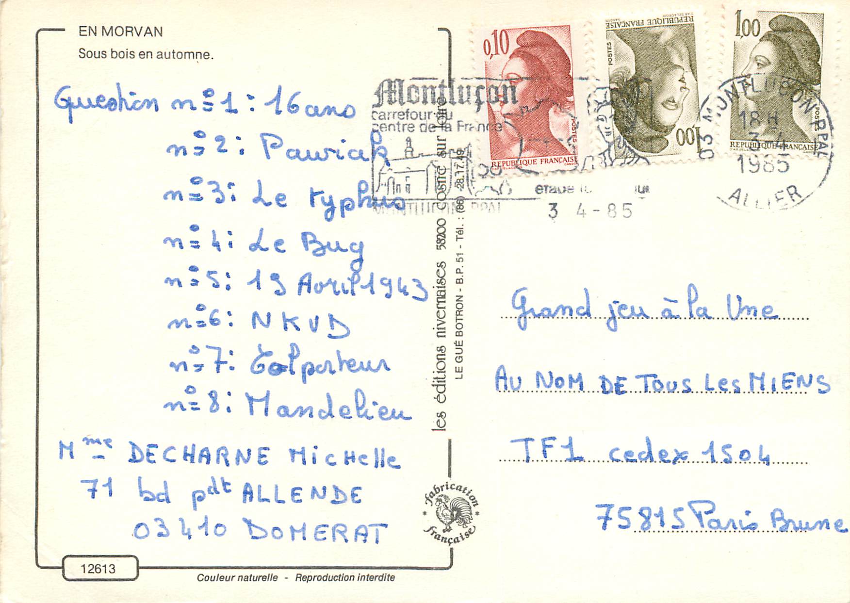 CPM En Morvan Sous bois en automne — Verso