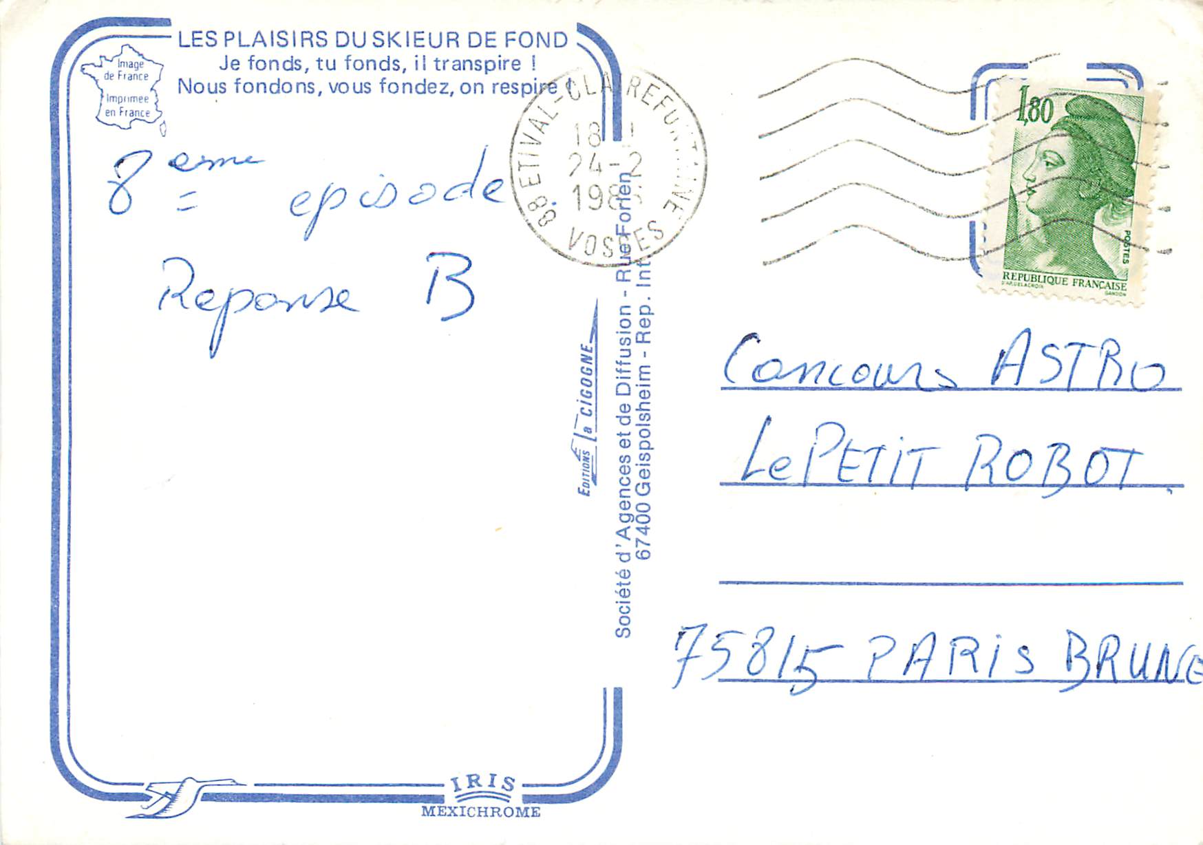 CPM Les Plaisirs du Skieur de Fond — Verso