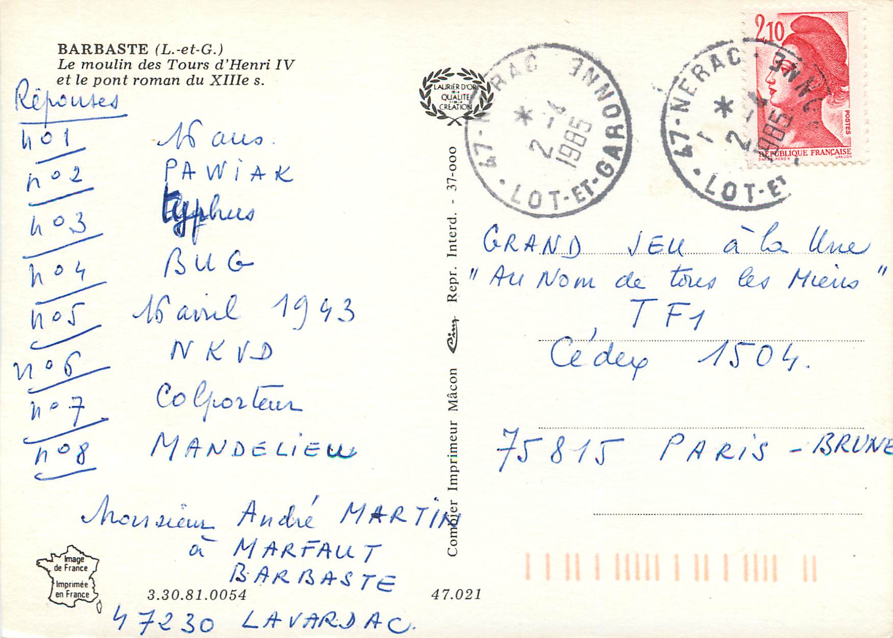 CPM Barbaste (L et G) Le moulin des Tours d'Henri IV et le pont roman du XIIIe s — Back