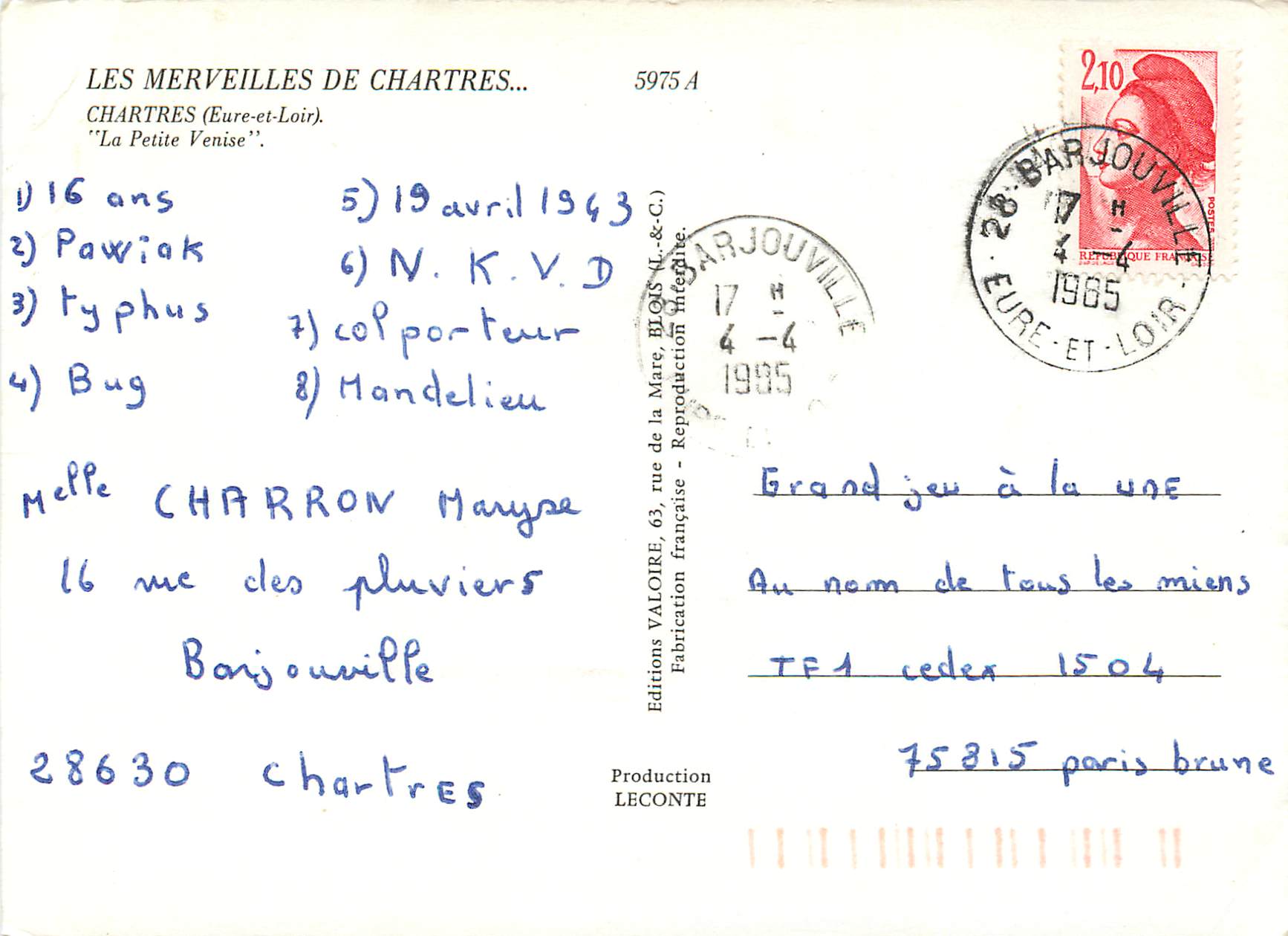 CPM Chartres (Eure et Loir) La Petite Venise — Rückseite