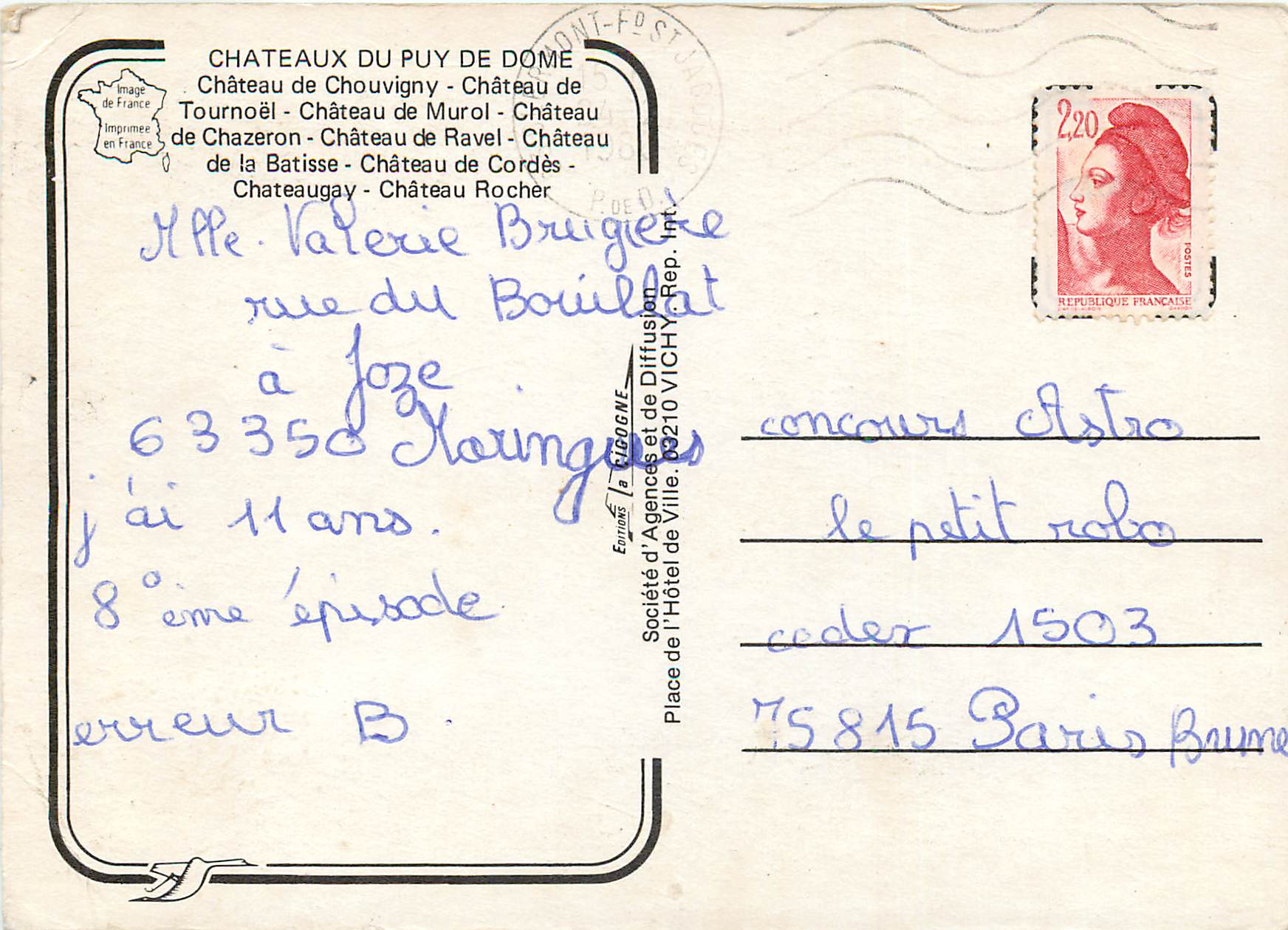 CPM Chateaux du Puy de Dome Chateau de Chouvigny — Verso