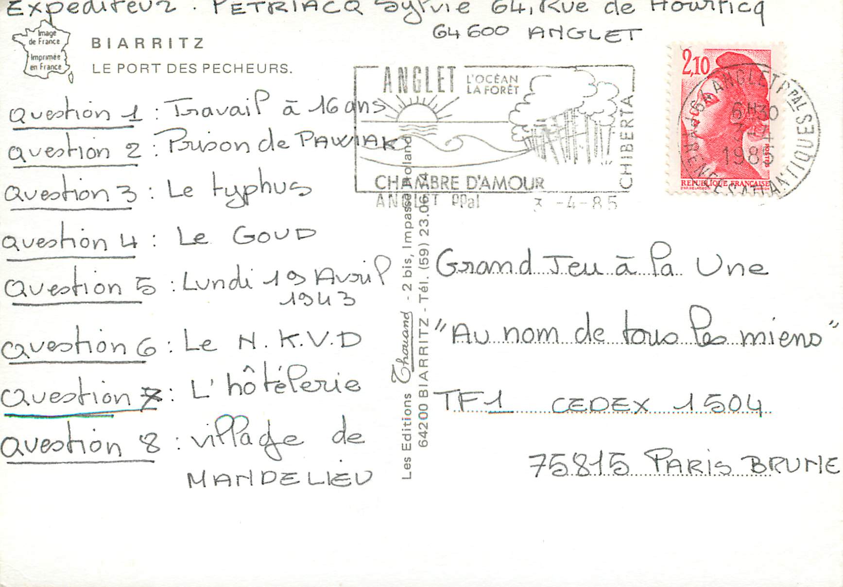 CPM Biarritz Le Port des Pecheurs — Verso