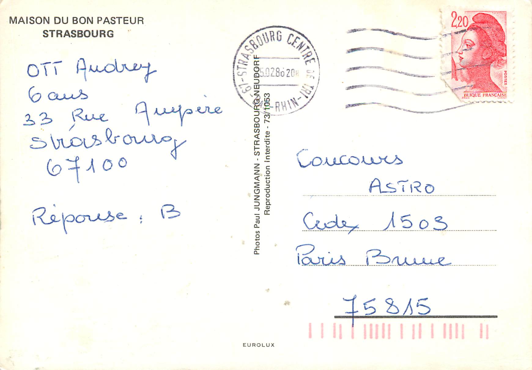 CPM Strasbourg Maison du Bon Pasteur — Rückseite