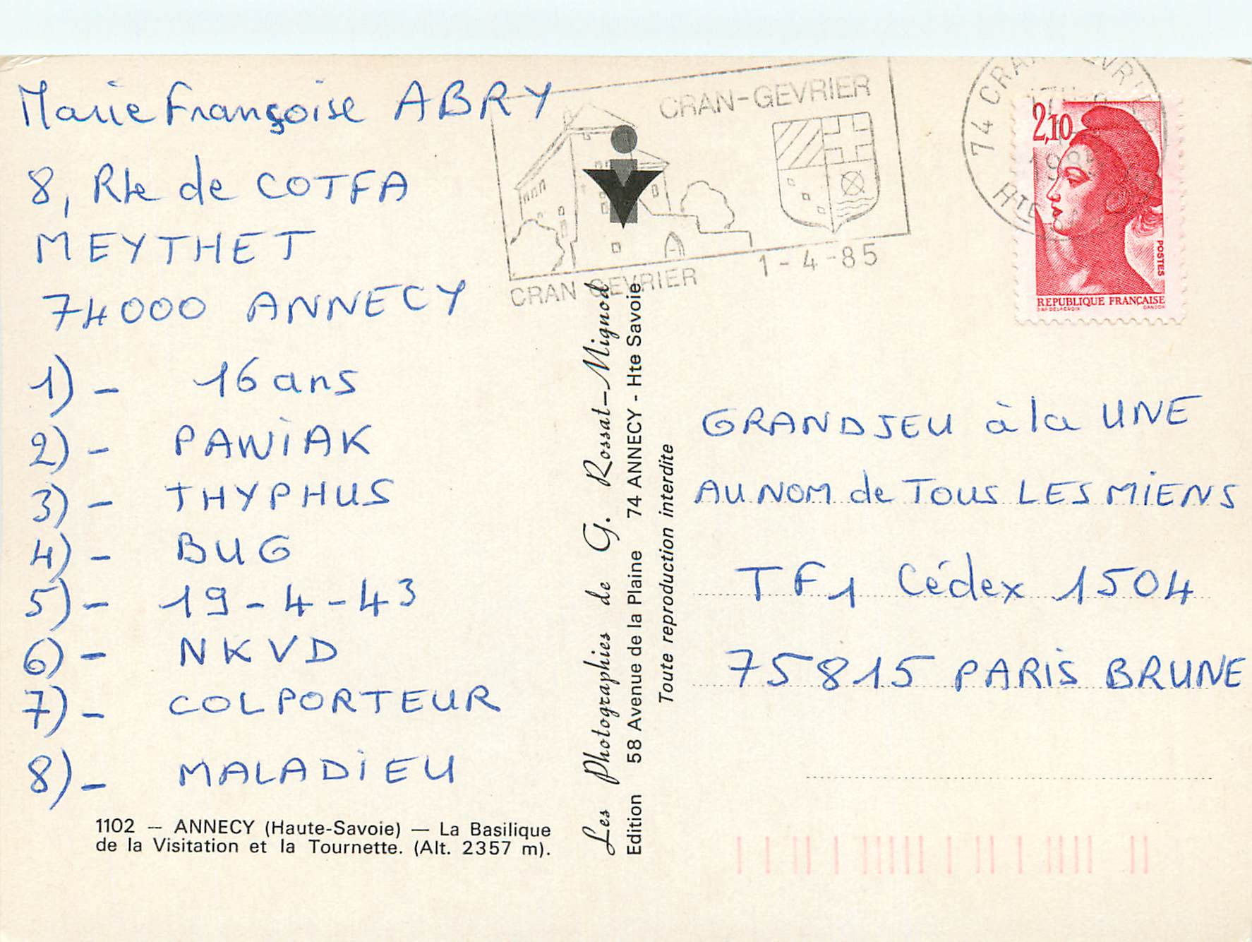 CPM Annecy (Haute Savoie) La Basilique de la Visitation et la Tournette — Verso