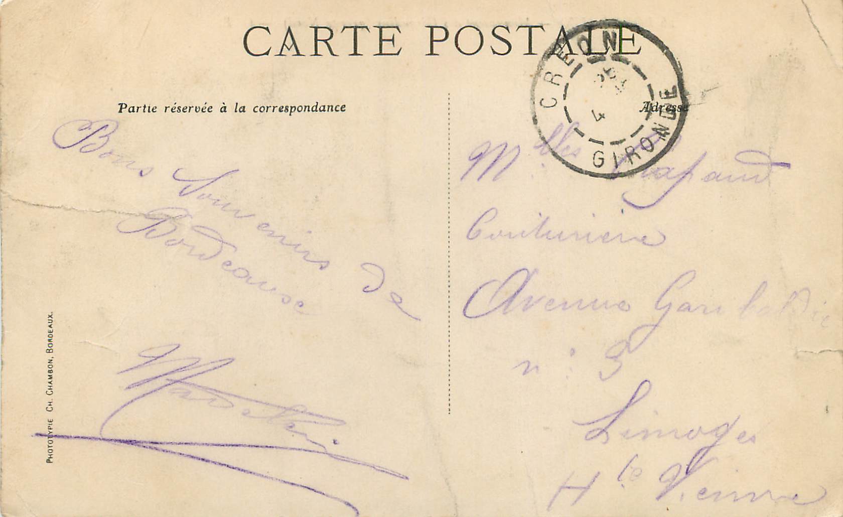 CPA Bordeaux Monument des Girondins (groupe Nord) — Verso