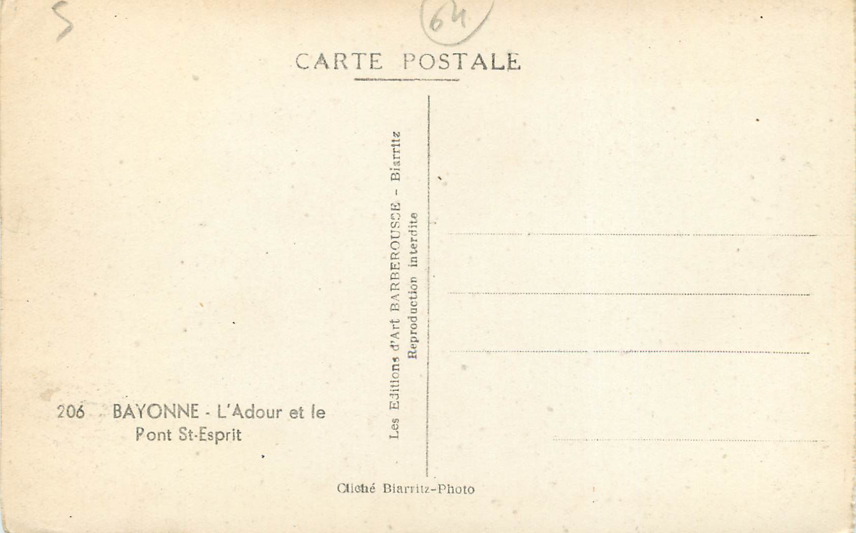 CPA Bayonne L'Adour et le Pont St Esprit — Verso