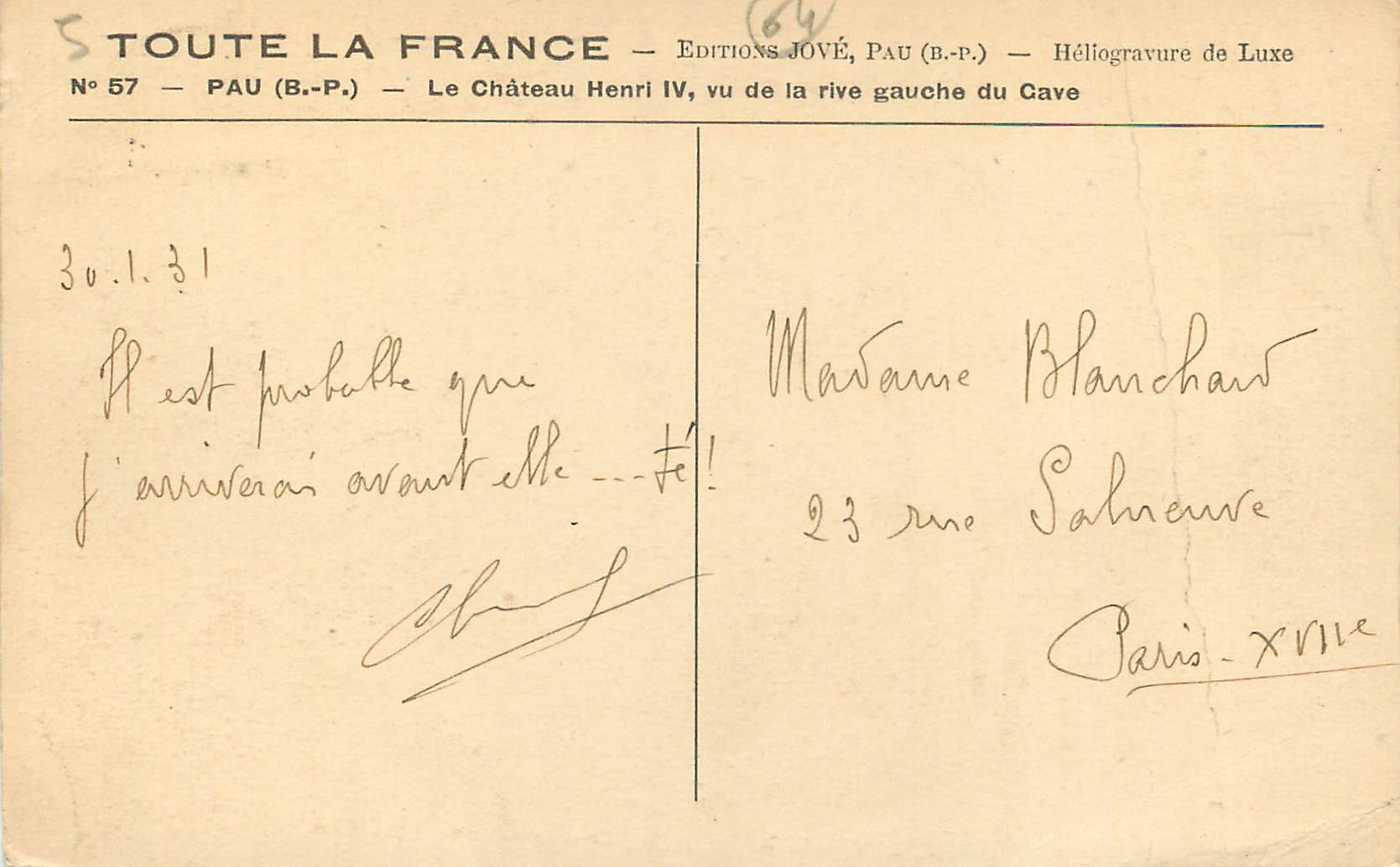 CPA Pau Le Chateau Henri IV vu de la rive gauche du Cave — Rückseite