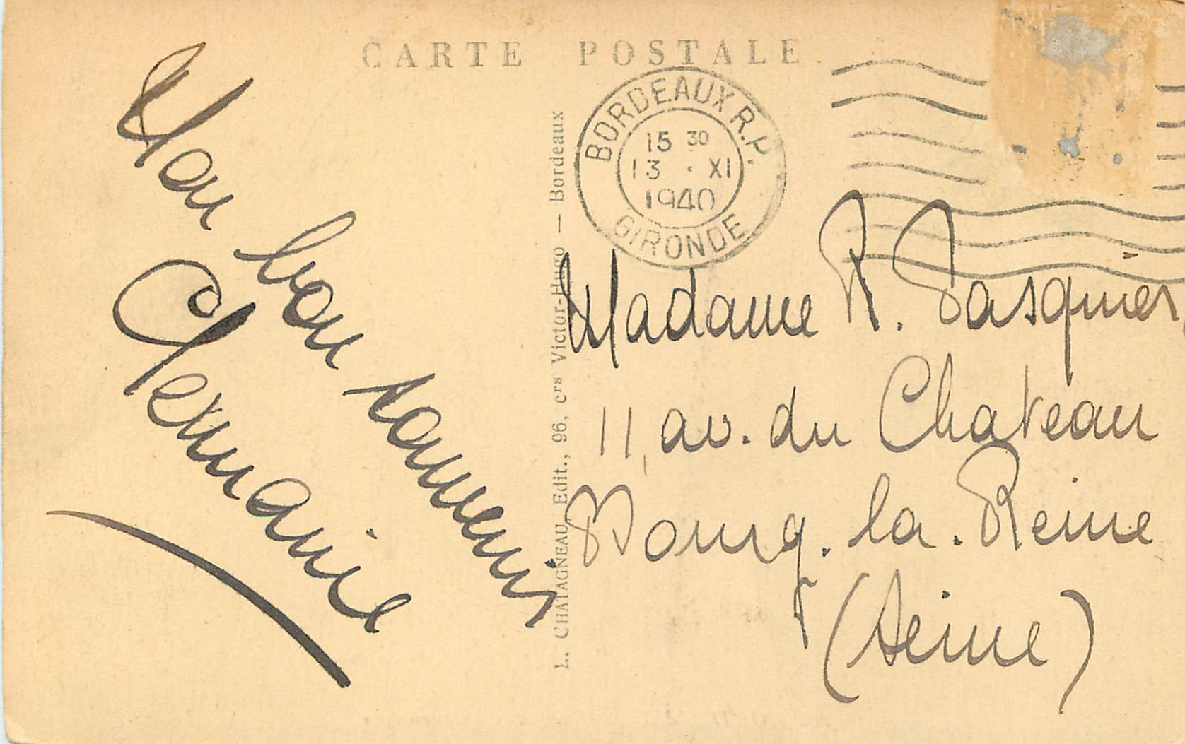 CPA Bordeaux Place des Quinconces — Verso