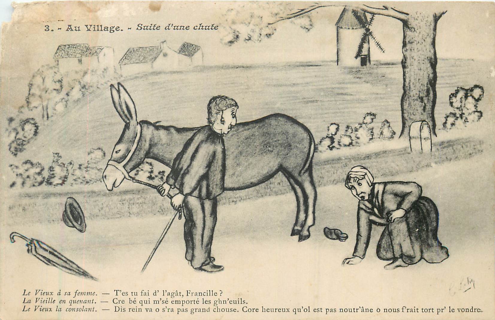 CPA Au Village Suite d'une chute Ane Donkey