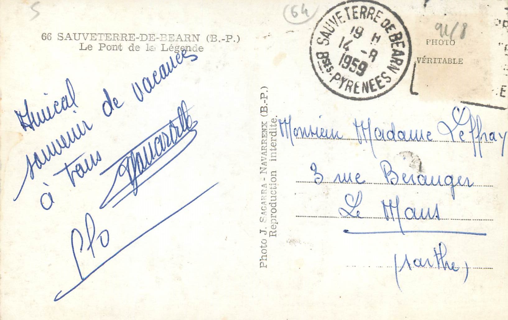 CPM Sauveterre-de-Bearn (B P) Le Pont de la Legende — Rückseite