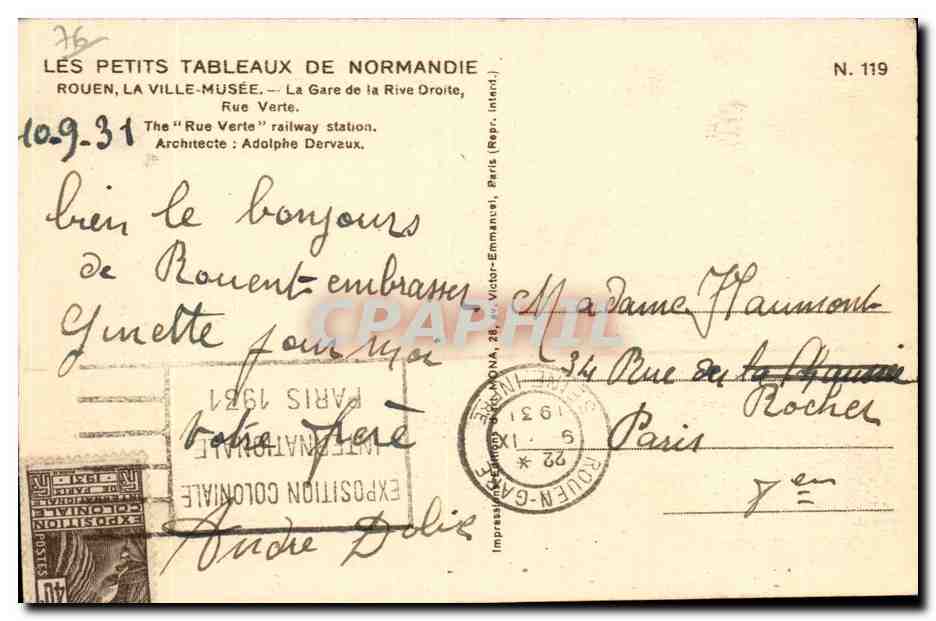 CPA Rouen La gare de la rive droite Rue Vert — Rückseite