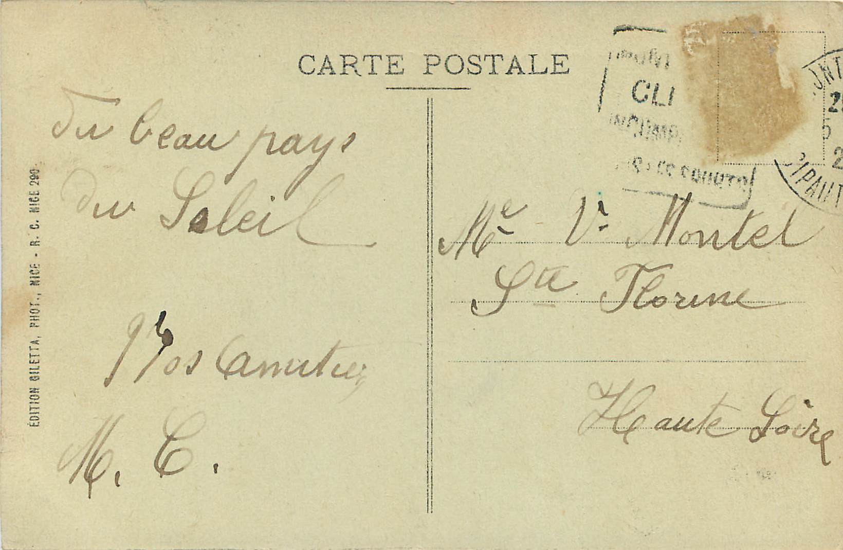 Monte-Carlo - Le Théâtre - Casino entre les Palmiers — Édition Giletta, NICE 299, n°705 — Rückseite