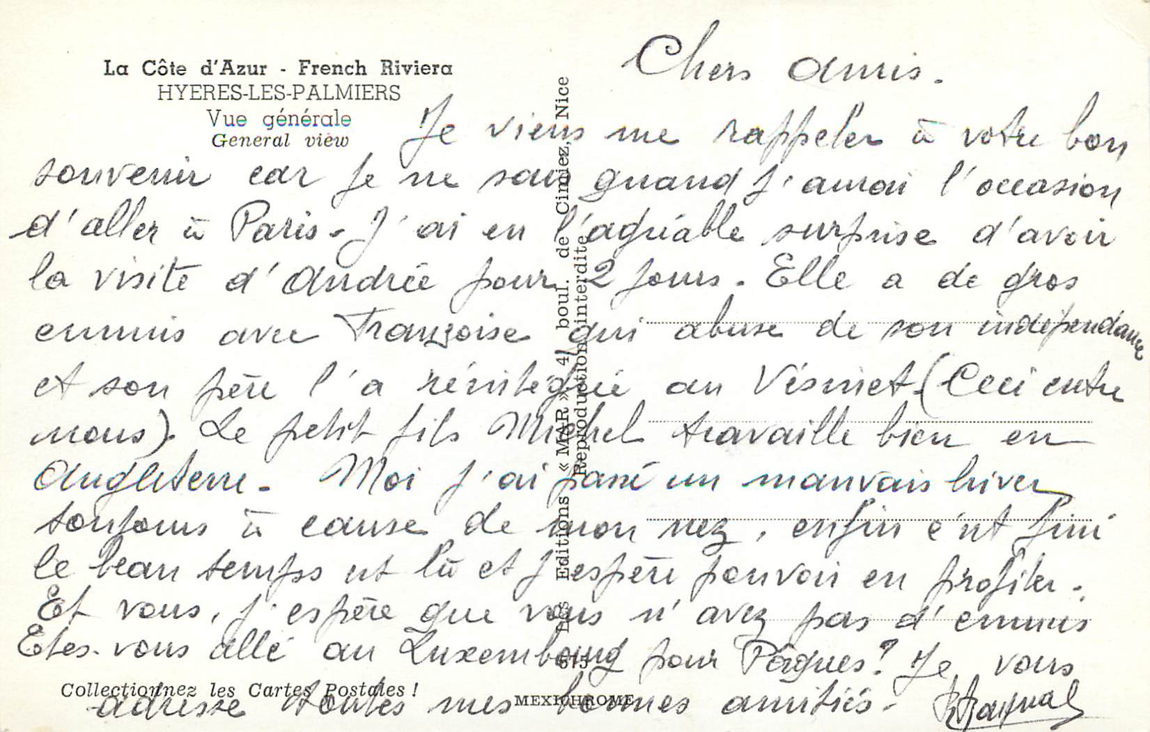 CPM La COte d'azur french riviera Hyeres les palmiers vue generale — Verso