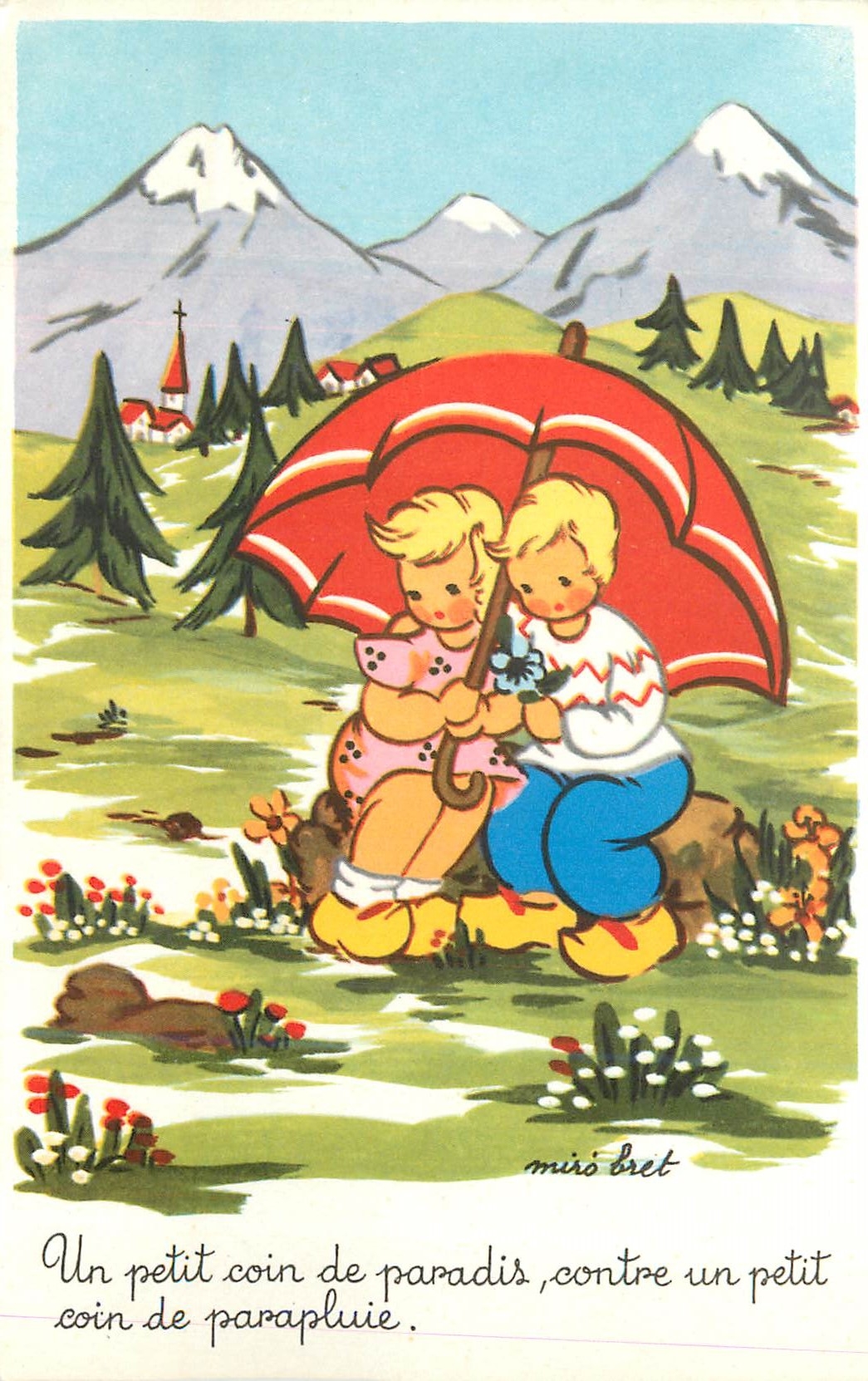 CPA un petit coin de paradis contre un petit coin de parapluie Miro Bret