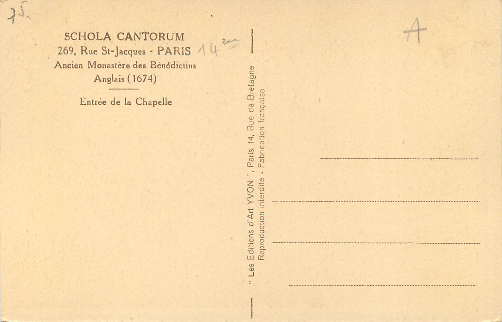 CPA Paris schola cantorum tue st jacque ancien monastere des benedictins anglais (1674) — Rückseite
