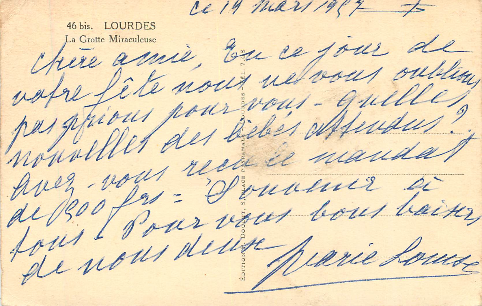CPA Lourdes la grotte miraculeuse — Verso
