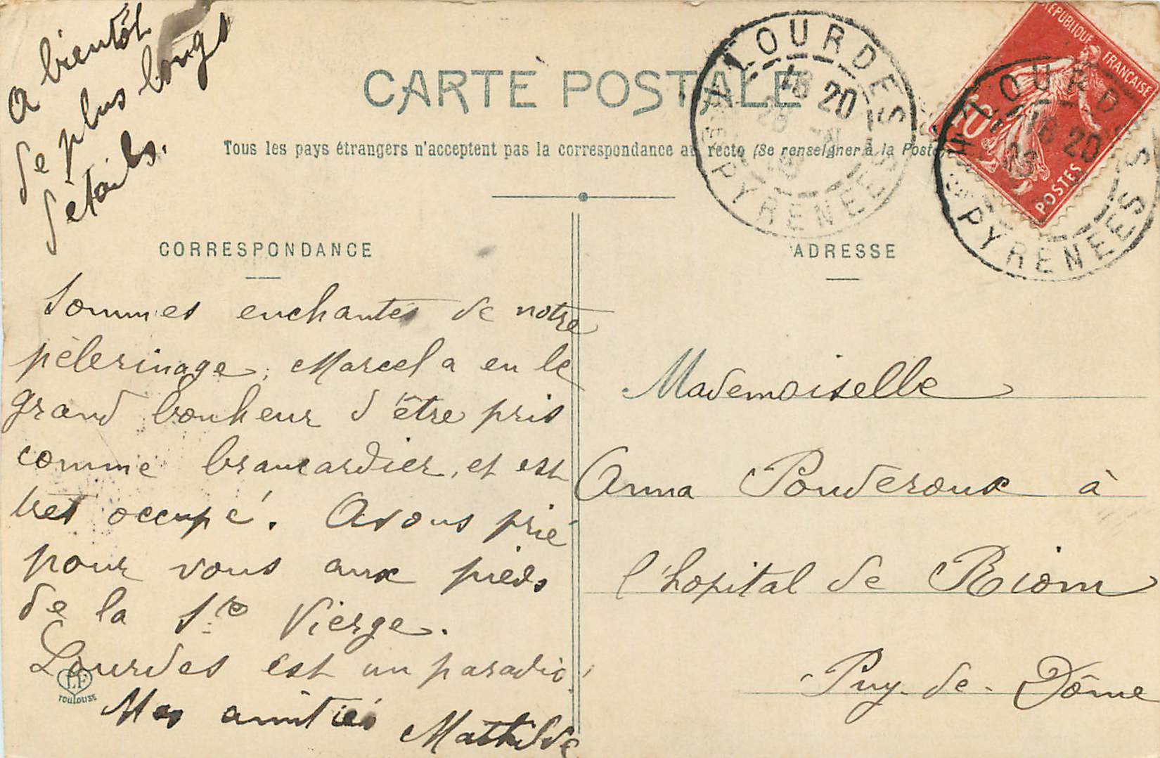 CPA Les hautes pyrenees la grotte de Lourdes national belge — Verso