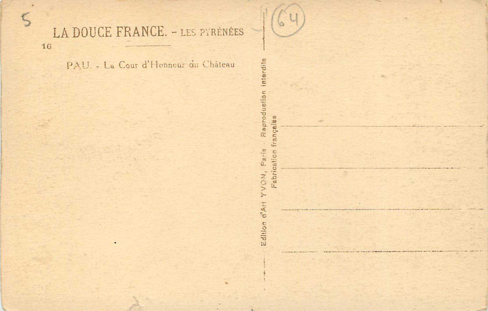 CPA Pau la cour d'honneur du chateau — Rückseite