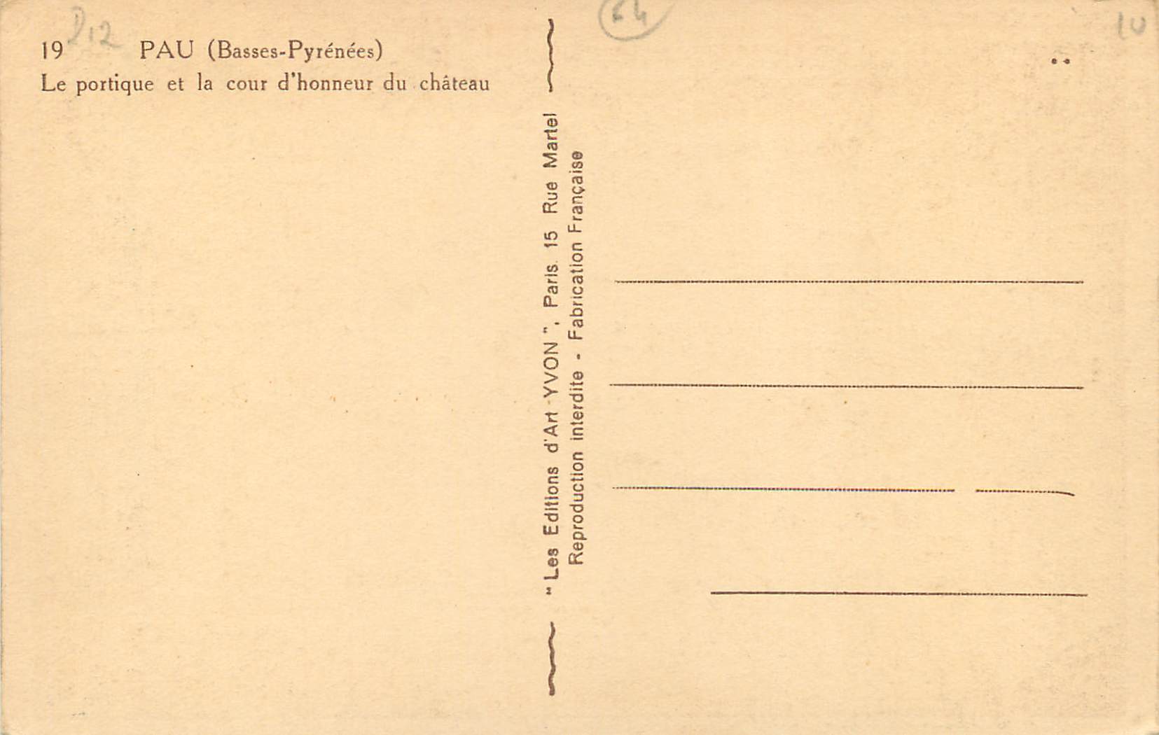 Pau (Basses-Pyrénées) — Le portique et la cour d'honneur du château — Éditions d'Art YVON — Verso
