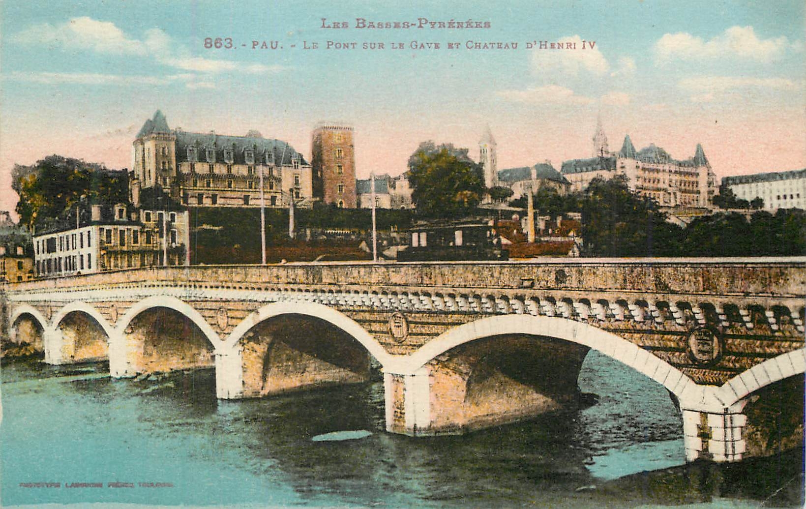Pau — Le Pont sur le Gave et Château d'Henri IV — Phototypie Larronde Frères, n° 863