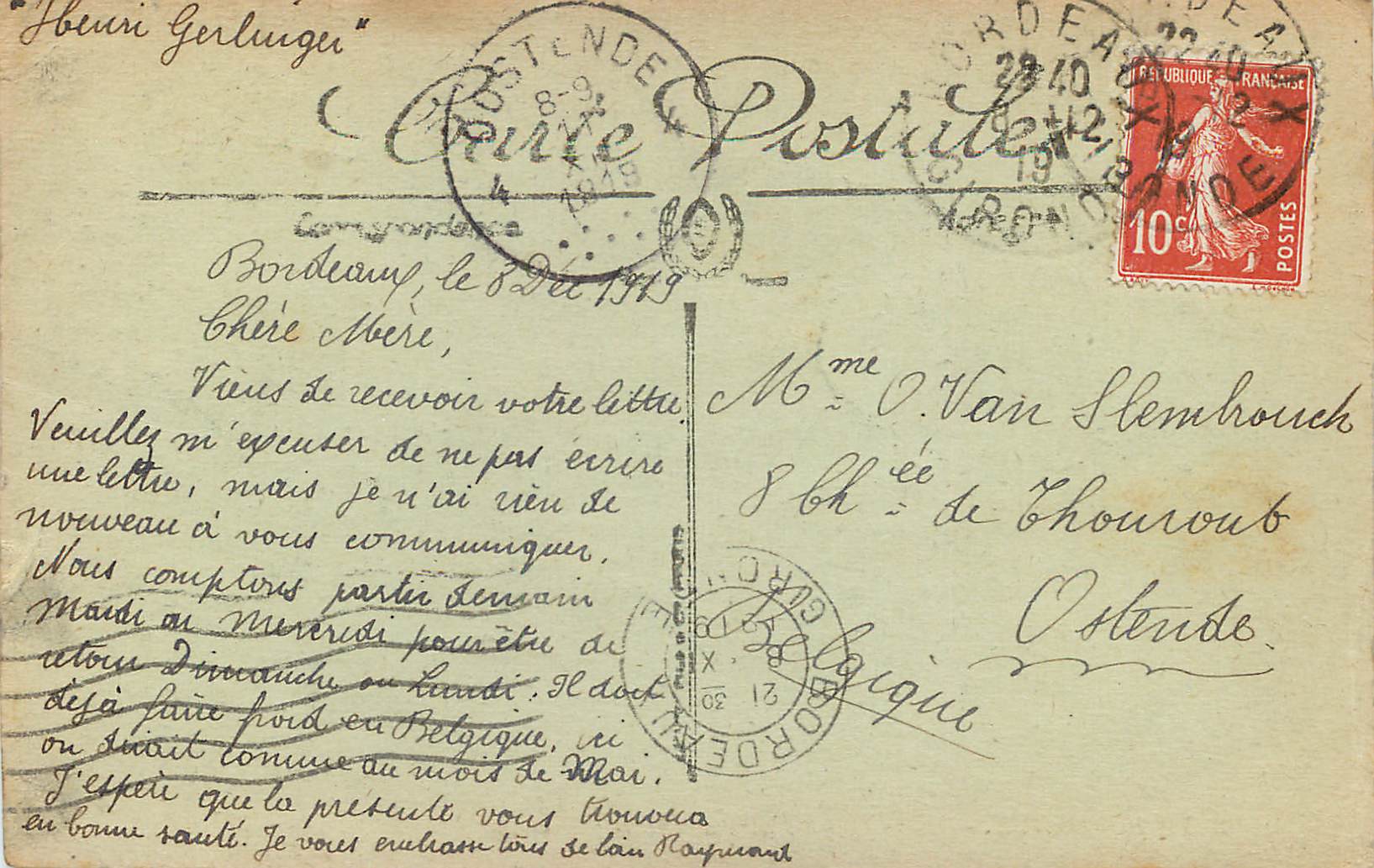 CPA Bordeaux monument des grondins — Verso