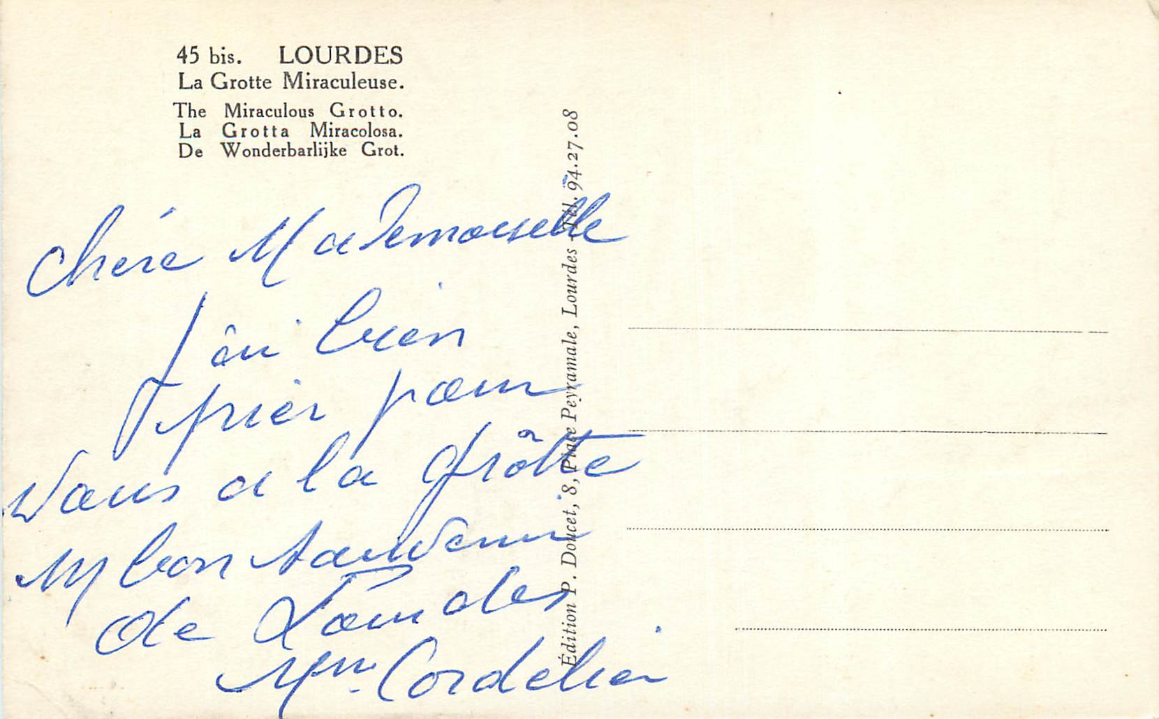 CPA Lourdes la grotte miraculeuse — Verso
