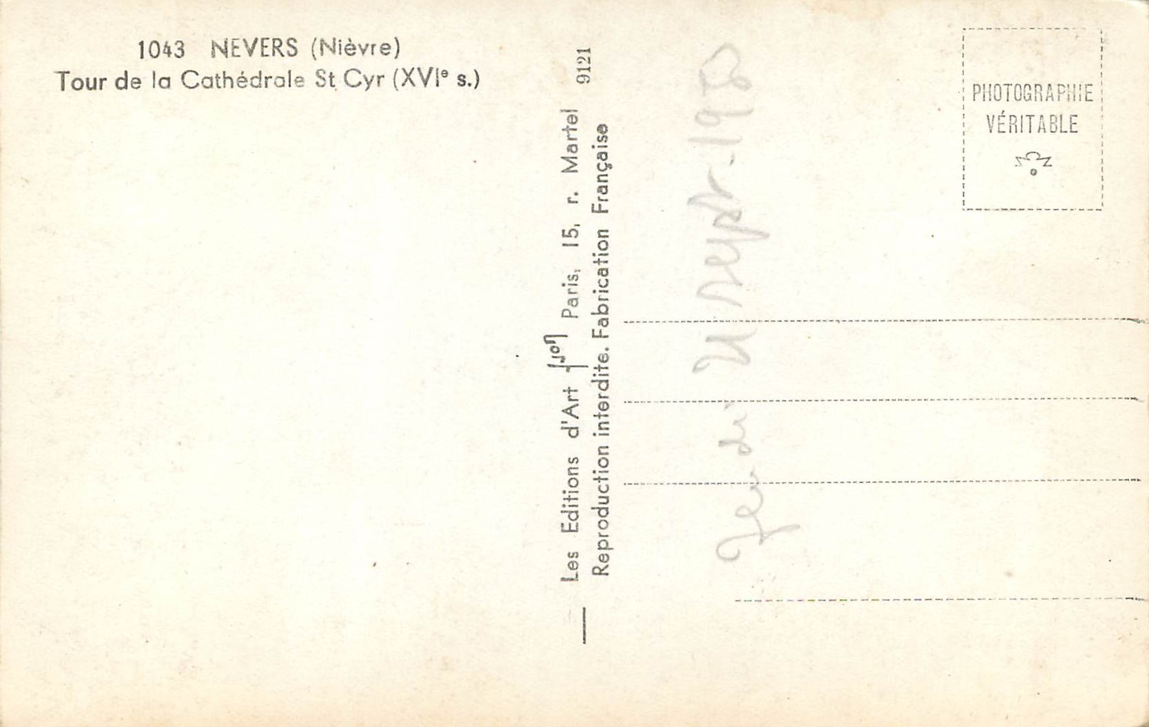 Tour de la Cathédrale Saint-Cyr — Nevers (Nièvre) — Éditions d'Art Martel, n° 1043 — Reverso