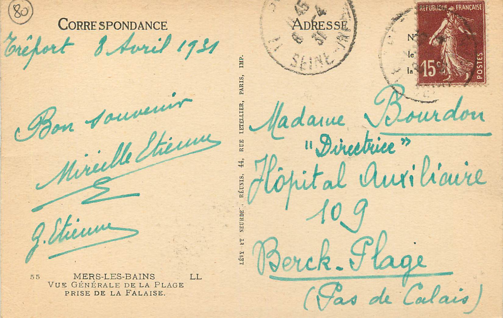 Mers-les-Bains — Vue générale de la plage prise de la falaise — J. Stieum, imp. Lévy et Neurde, Paris — Rückseite
