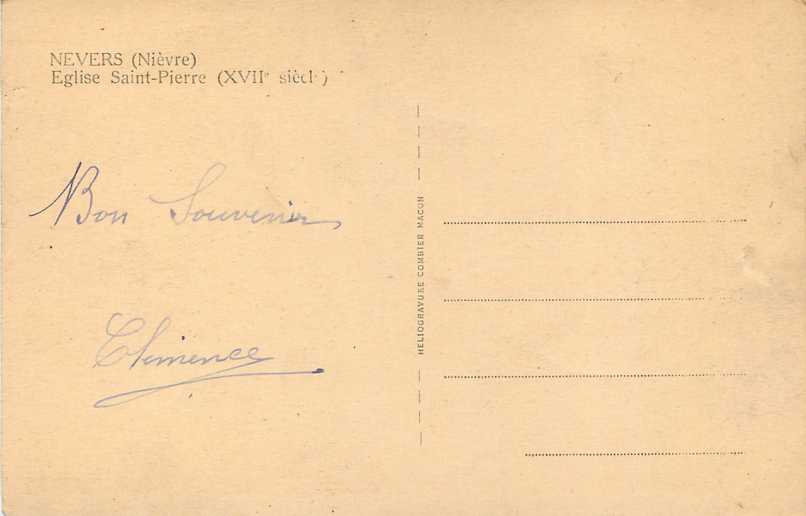 Nevers (Nièvre) — Église Saint-Pierre (XVIIe siècle) — Héliogravure Combier Macon — Rückseite
