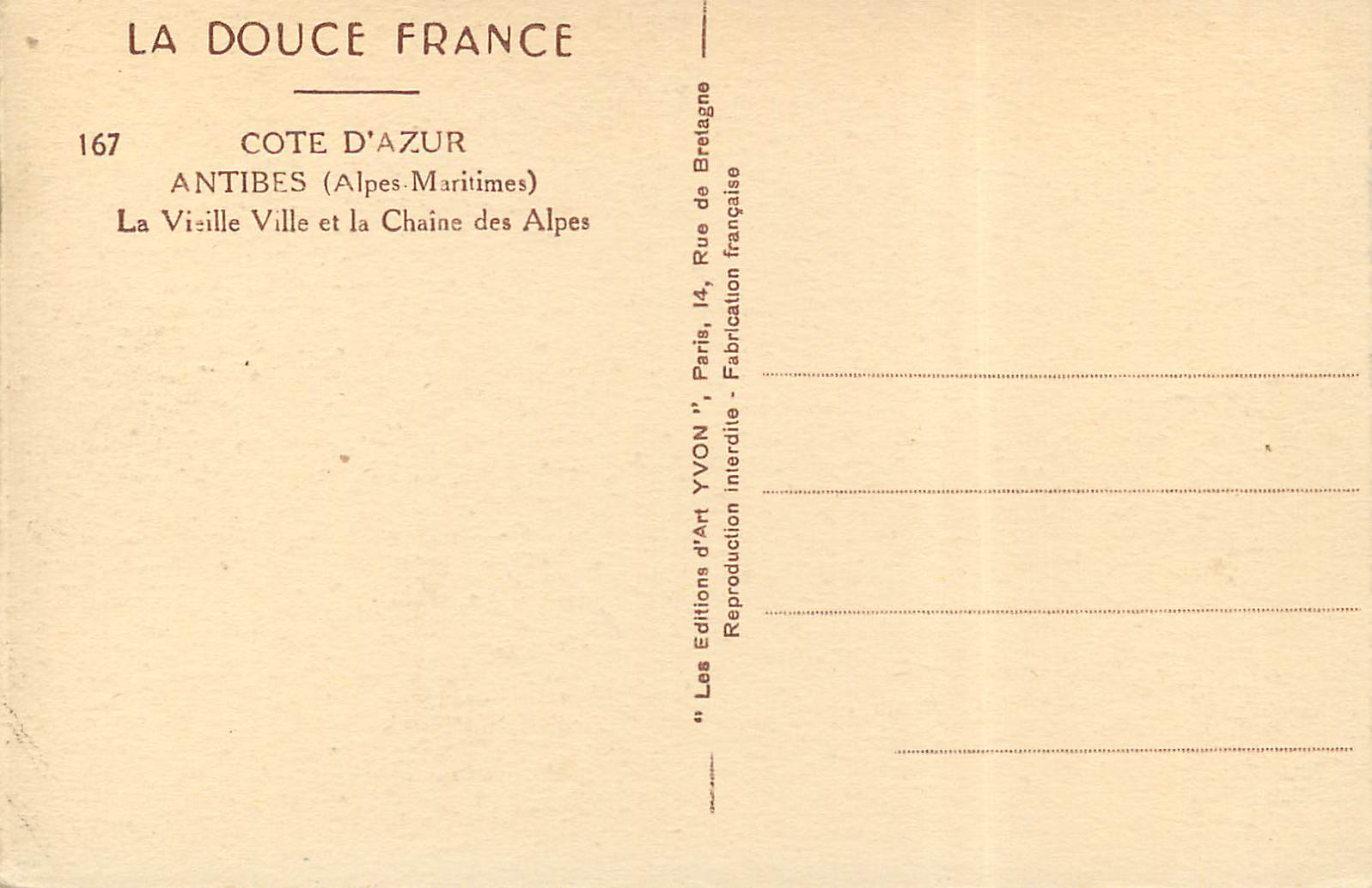 CPA Cote d'azur Antibes (Alpes Maritimes) la vieille ville et la cahine des Alpes — Rückseite
