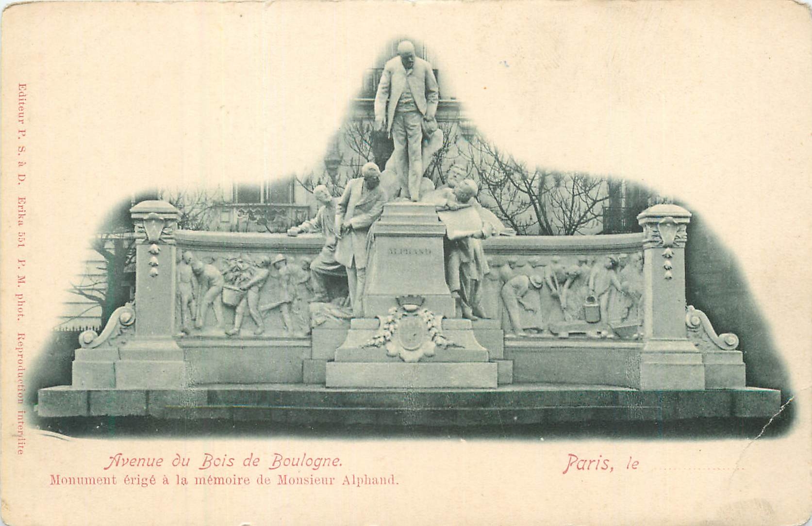 Antike Ansichtskarte Avenue du Bois de Boulogne Denkmal errichtet in Erinnerung an Monsieur Alphant