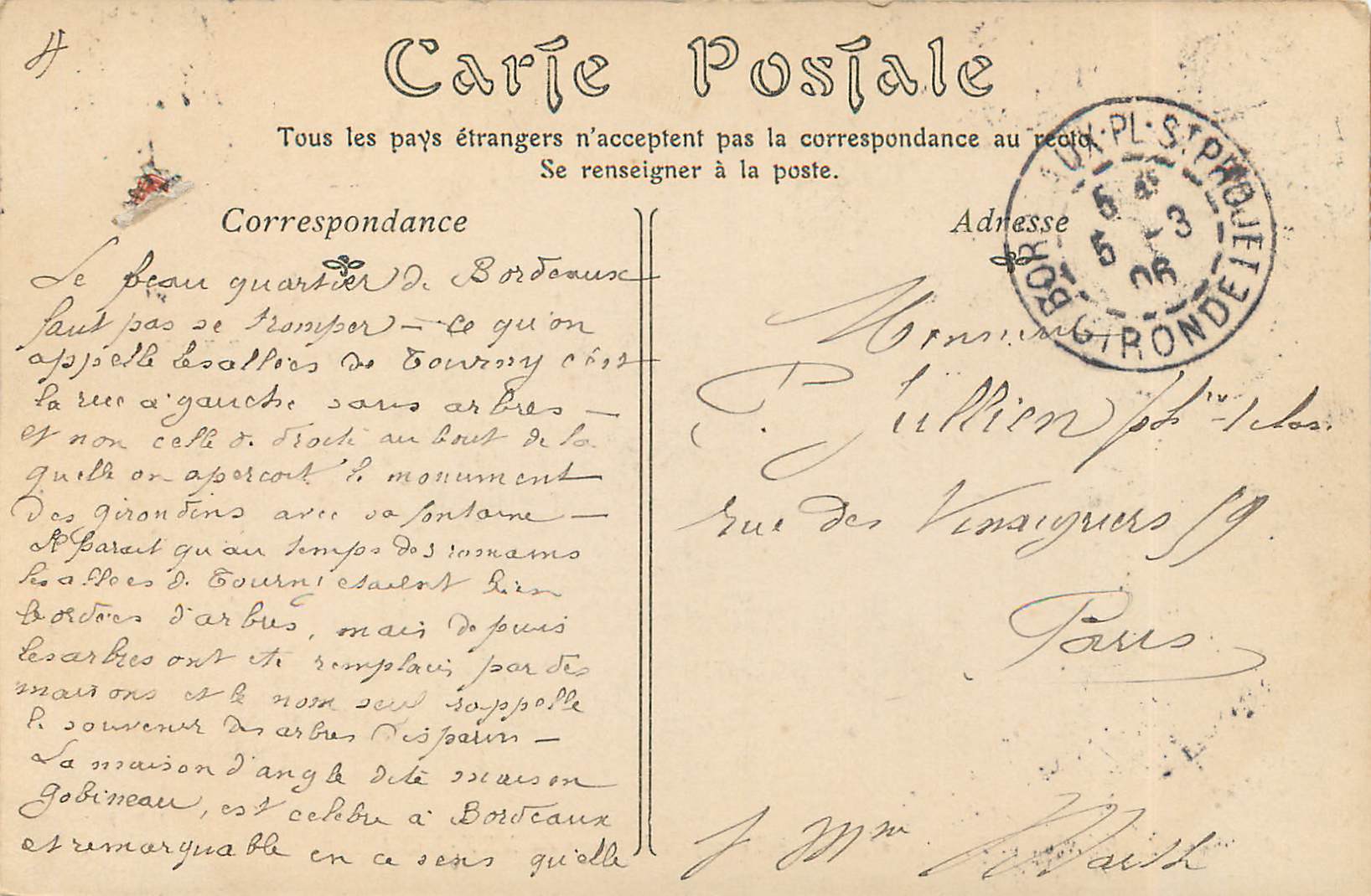 CPA Bordeaux — Verso