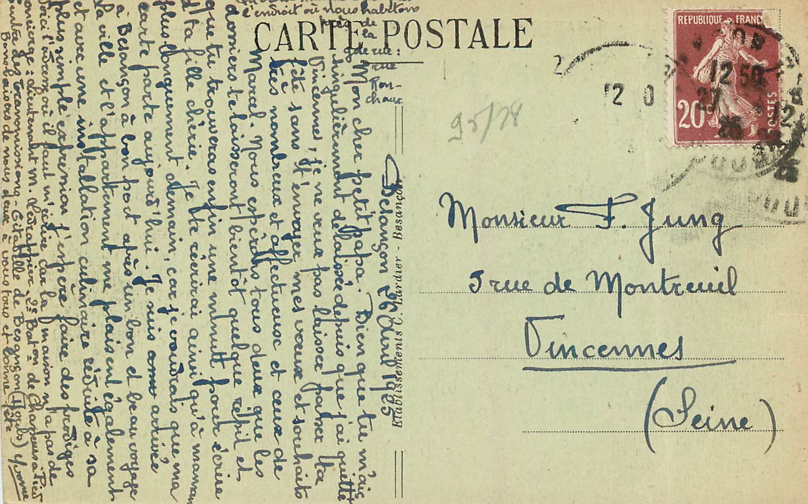 Besançon-les-Bains — Vue générale prise des Tours de la Madeleine — Éditeur G. B. (n° 43) — Rückseite