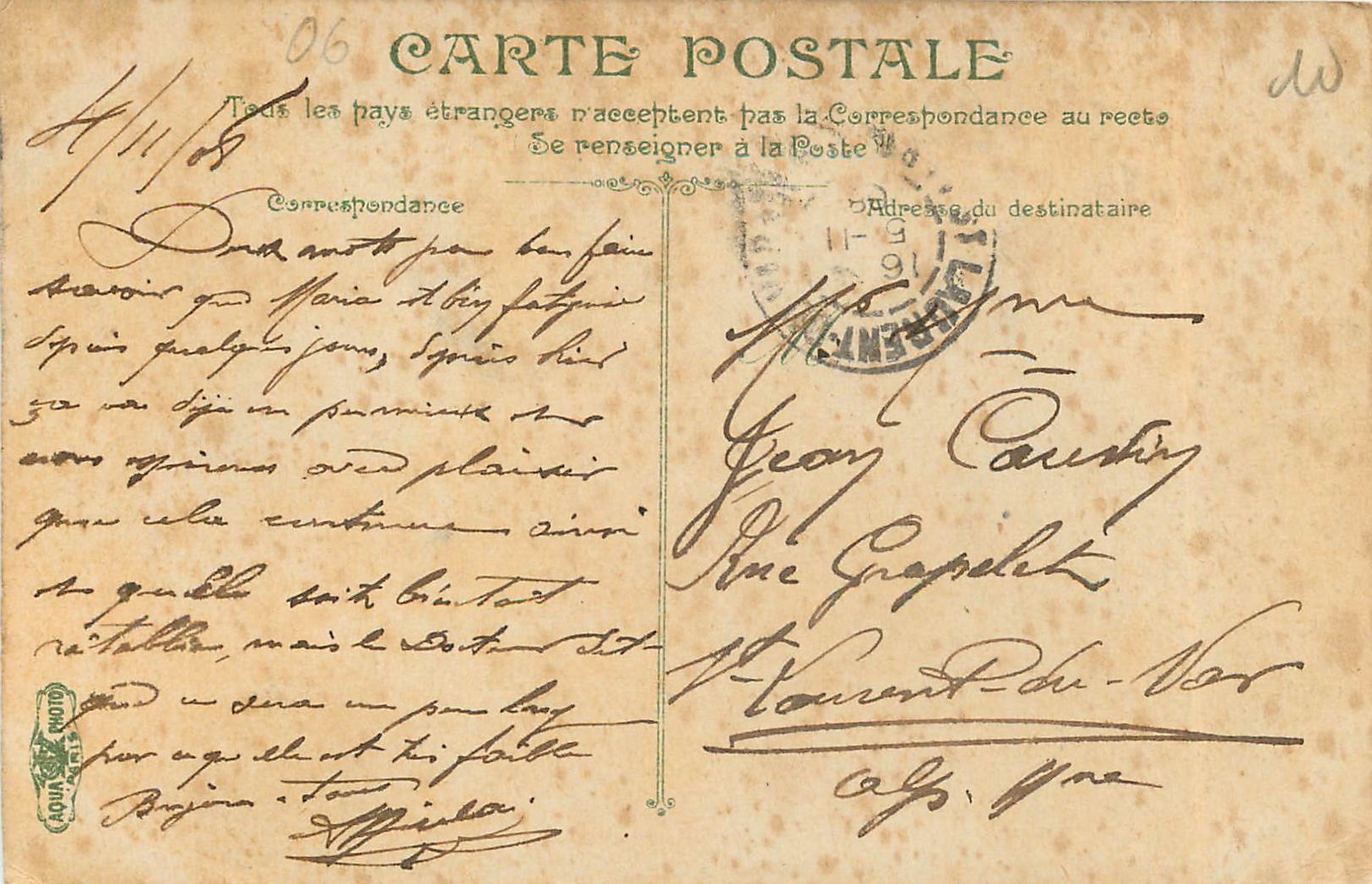 CPA Nice La Grolle dans le Jardin Public — Verso