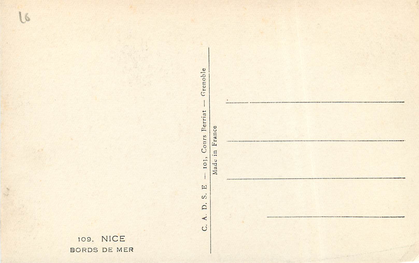 CPA Nice Bords de Mer — Verso