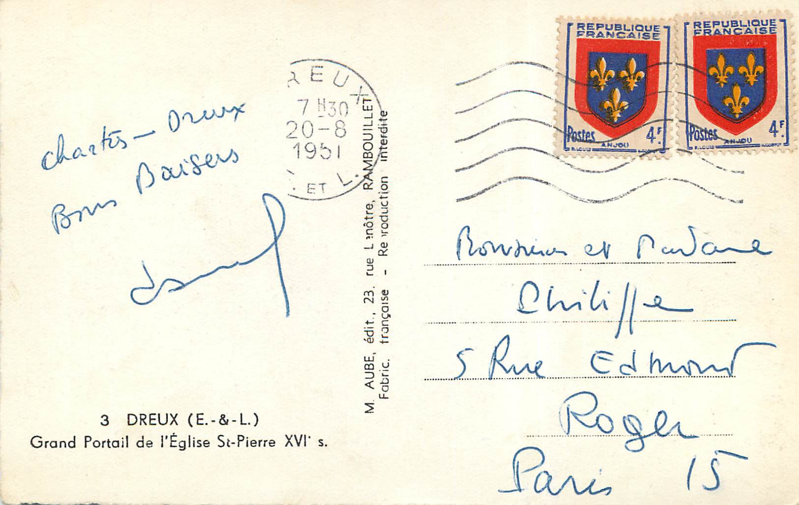 Grand Portail de l'Église Saint-Pierre — Dreuux — Éditeur E.&-L. n°3 — Verso