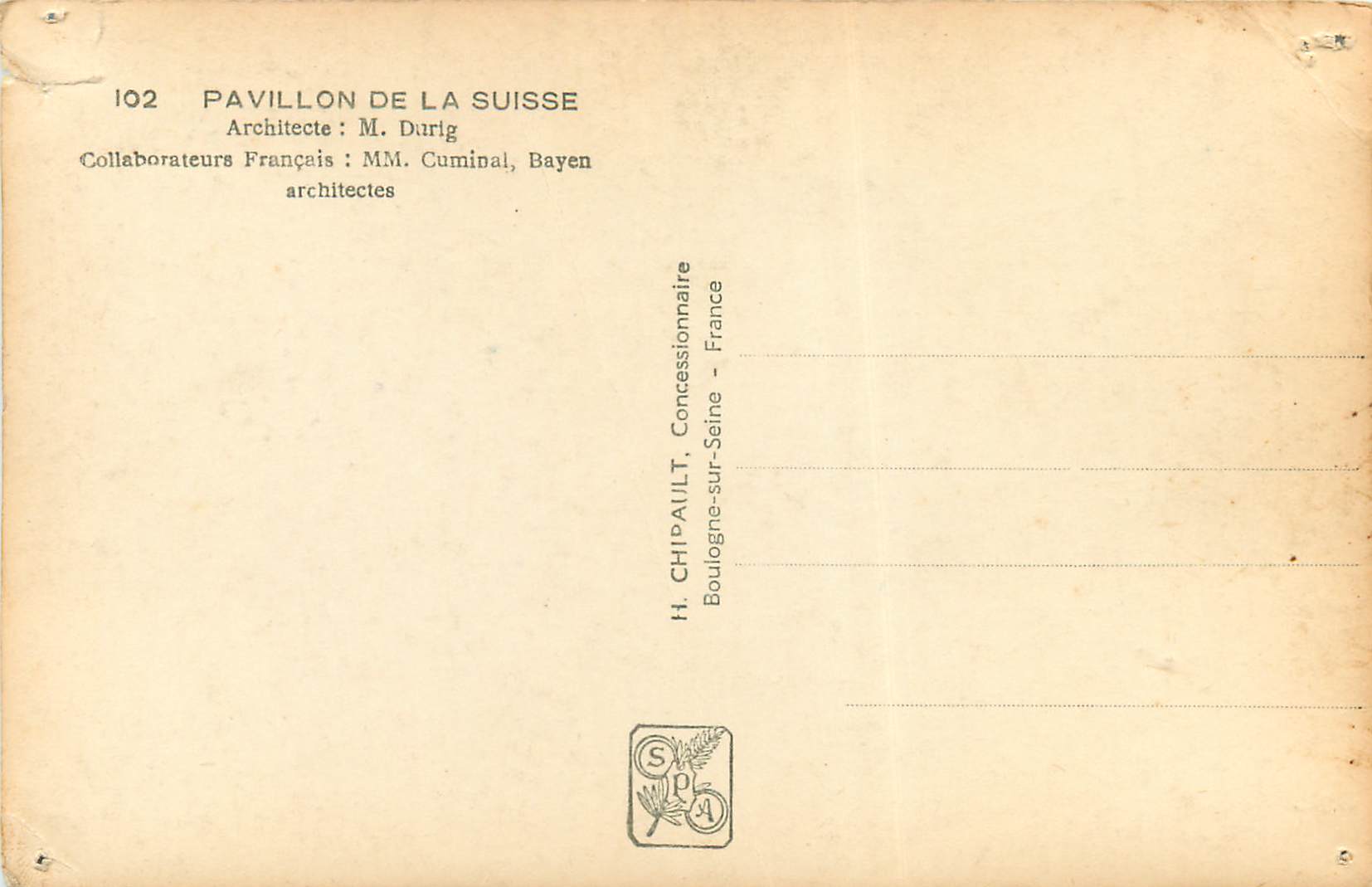 CPA Pavillon de la Suisse Paris Exposition internationale 1937 — Rückseite