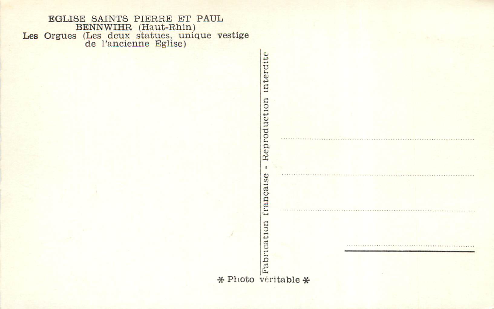 Orgues de l'église Saints Pierre et Paul — Bennwihr (Haut-Rhin) — Éditeur non identifié — Verso