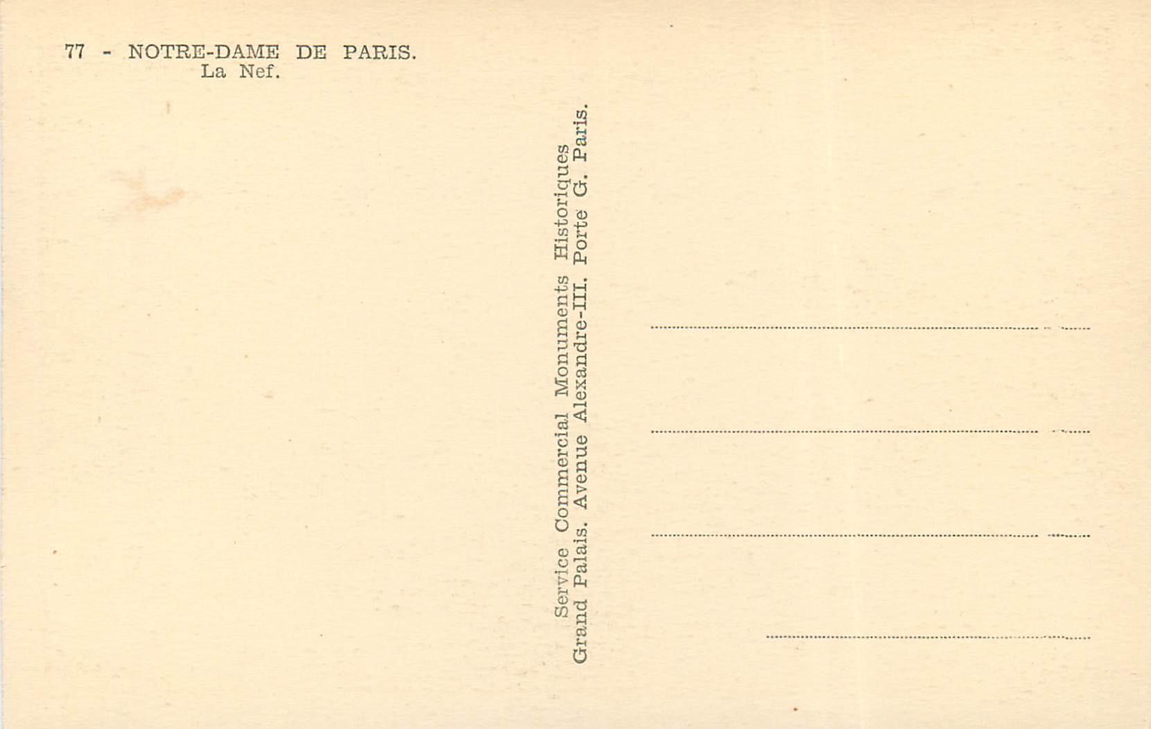 Notre-Dame de Paris — La Nef — Service Commercial Grand Palais, Avenue Alexandre-III, Paris — Back