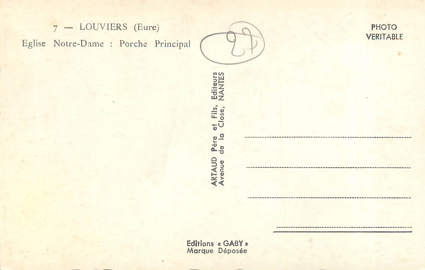 Louvières (Eure) — Église Notre-Dame : Porche Principal — Éditions Gaby — Rückseite
