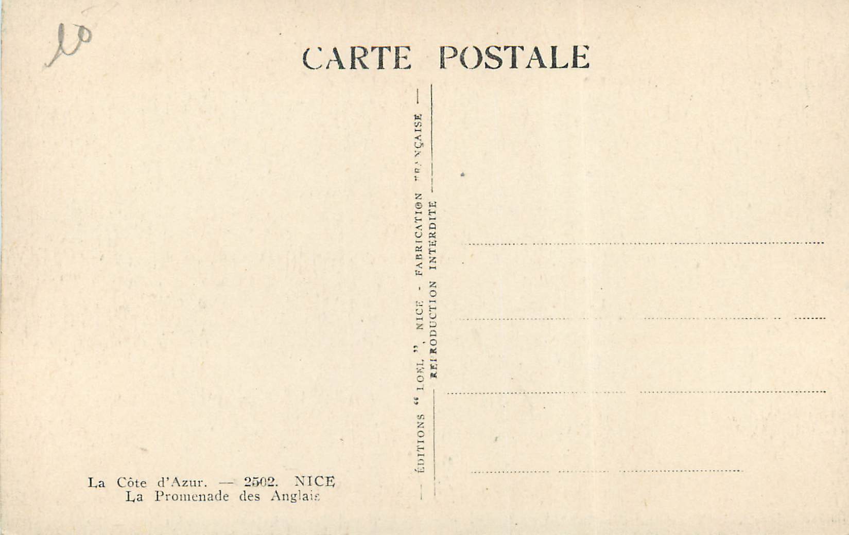 CPA Nice La Promenade des Anglais — Verso