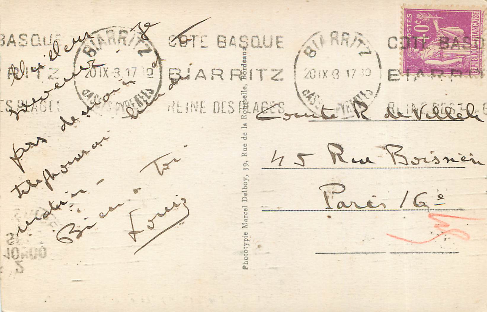 Biarritz (B.P.) - La loge de Théâtre - M. D. - n°274 — Rückseite