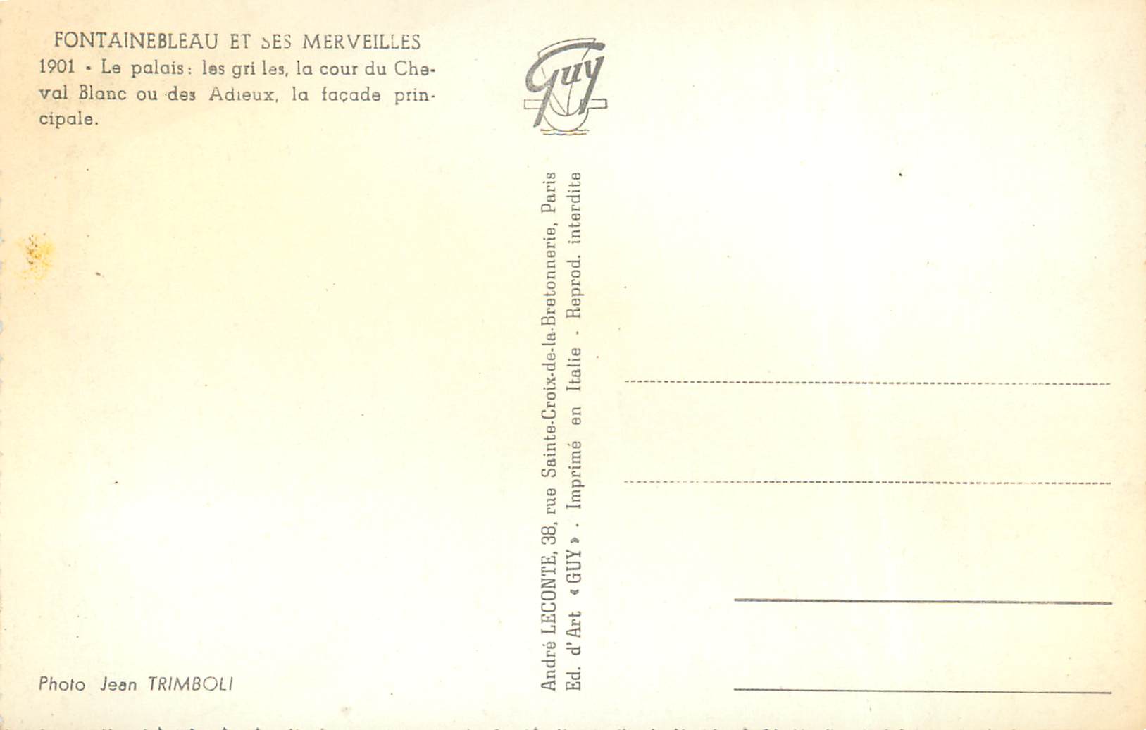 Fontainebleau — Le château et sa cour du Cheval Blanc — Éditeur GUY, Paris — Reverso