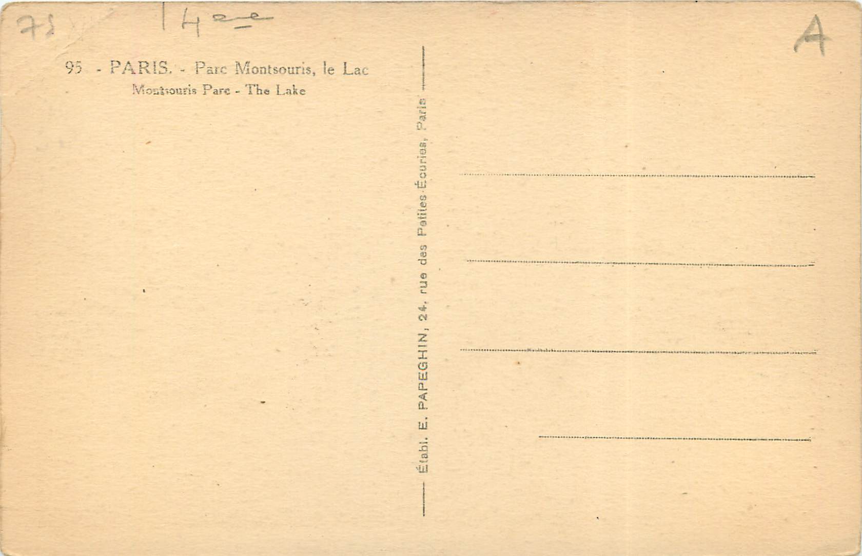 Parc Montsouris, le Lac — Paris — Éditeur E. Papeghin — Rückseite