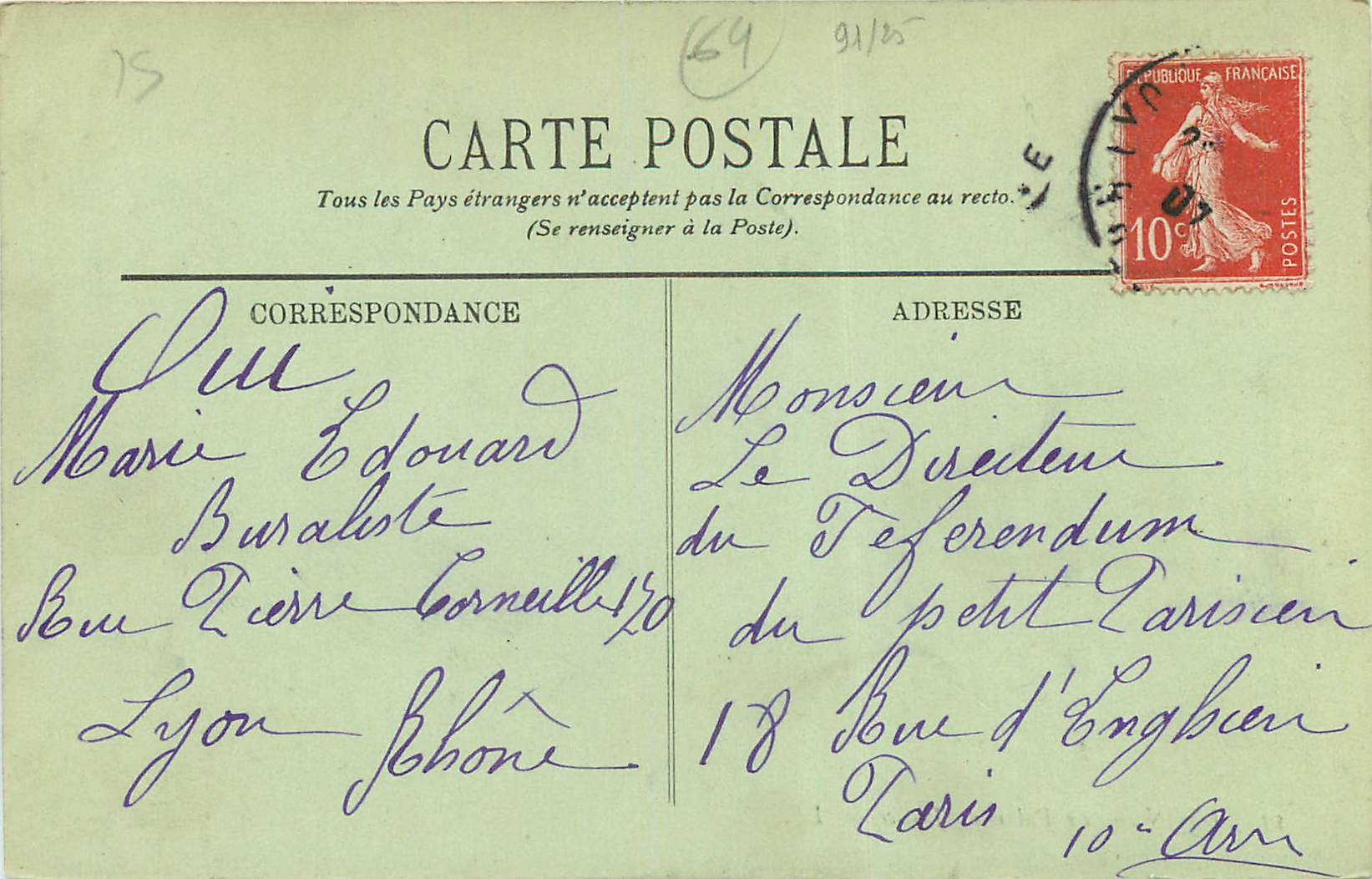 CPA Lyon Le Palais de Justice — Rückseite