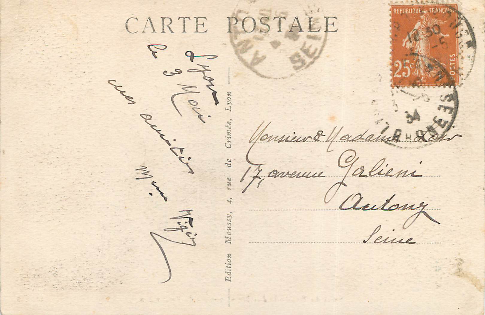 CPA Lyon Pont et Palais de Justice et coteau de Fourviere — Rückseite