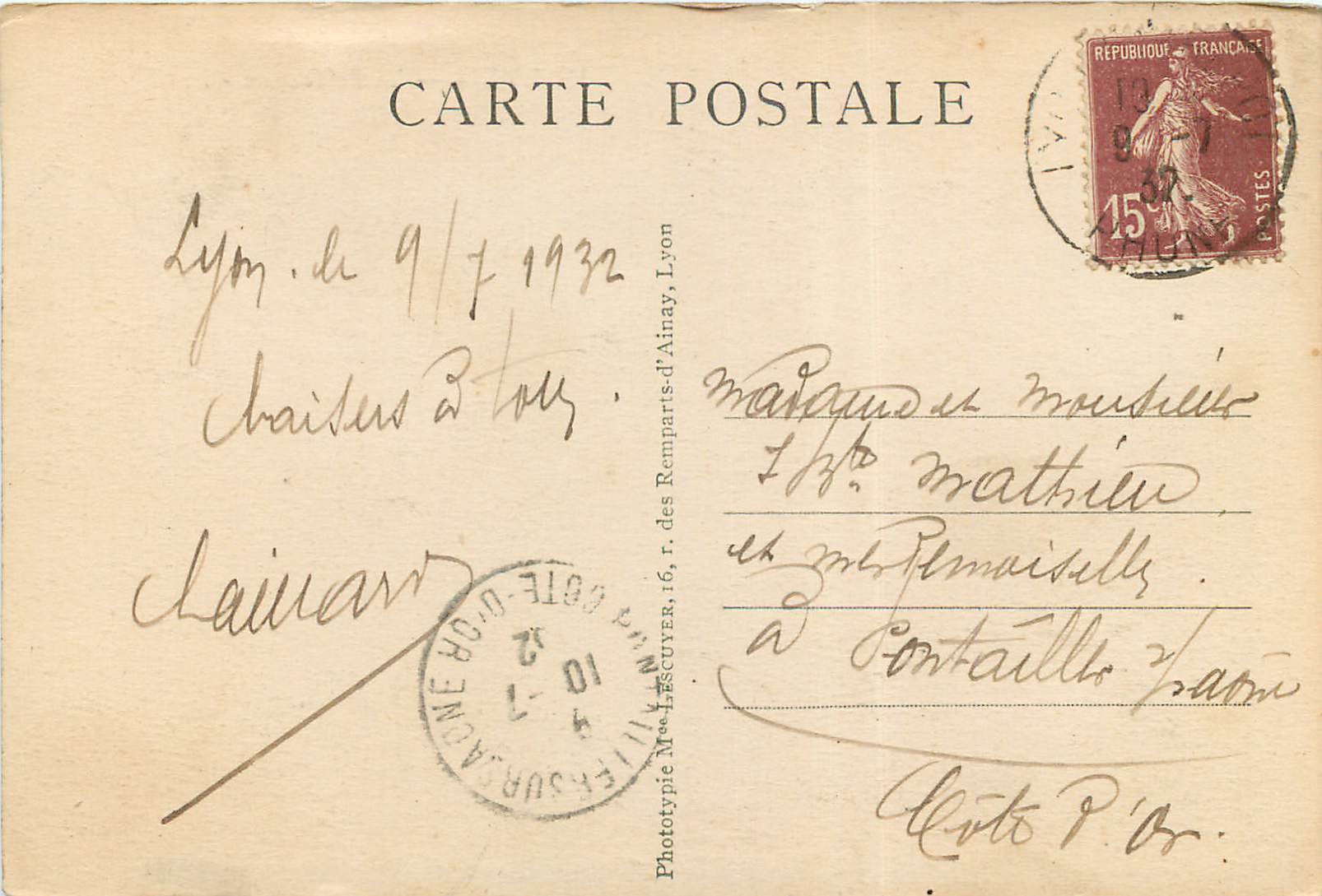CPA Lyon La Prefecture — Rückseite