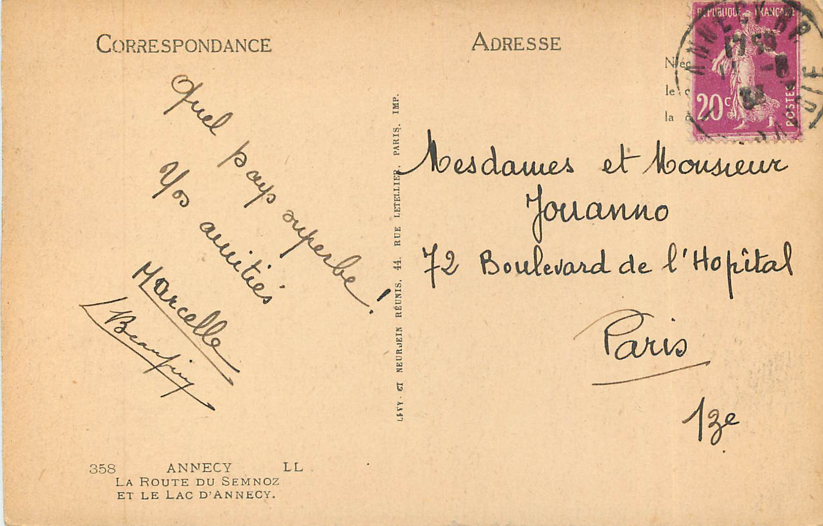 La Route du Semnoz et le Lac d'Annecy — Annecy, Imp. Lavy & Cie — n° 358 — Rückseite