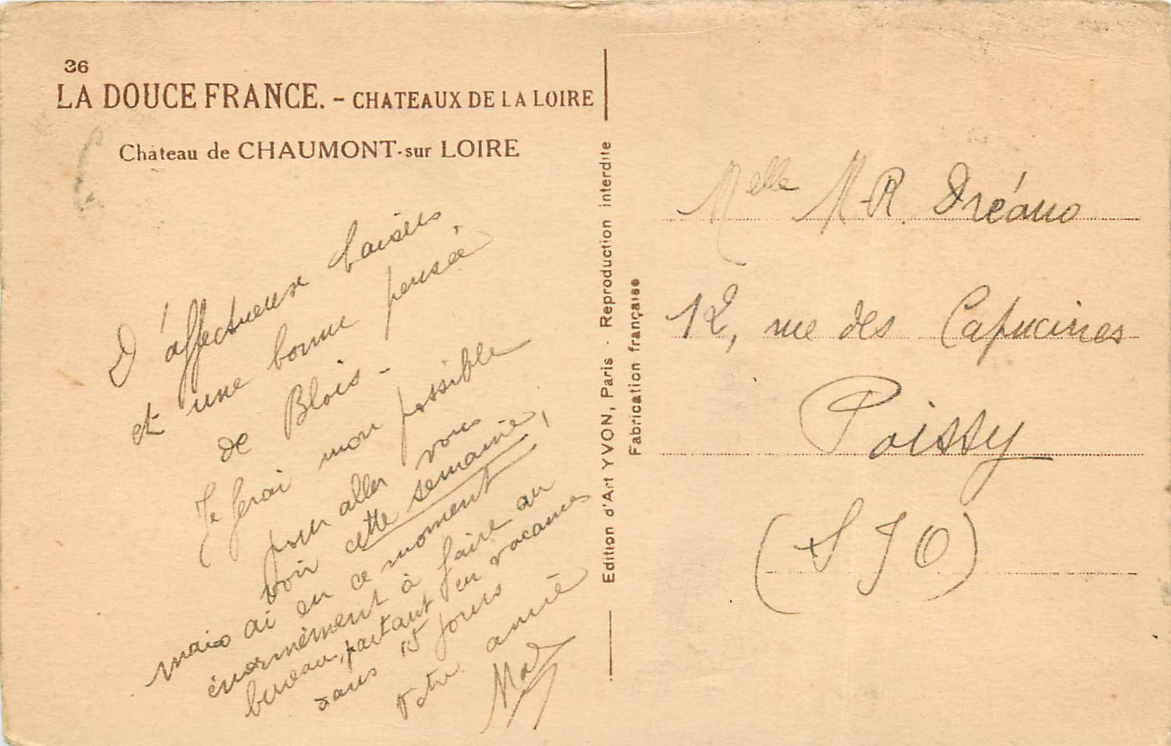 CPA Chateaux de la Loire Chateau de Chaumont-sur-Loire — Rückseite